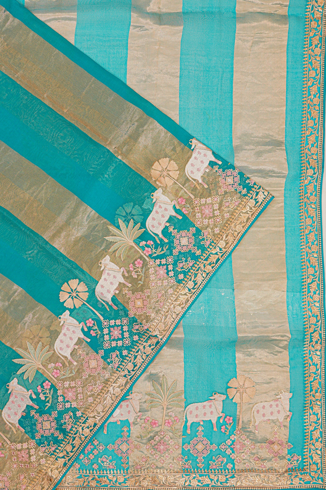 Organza Vertical Lines Sky Blue Saree With Pichwai Embroidery Border