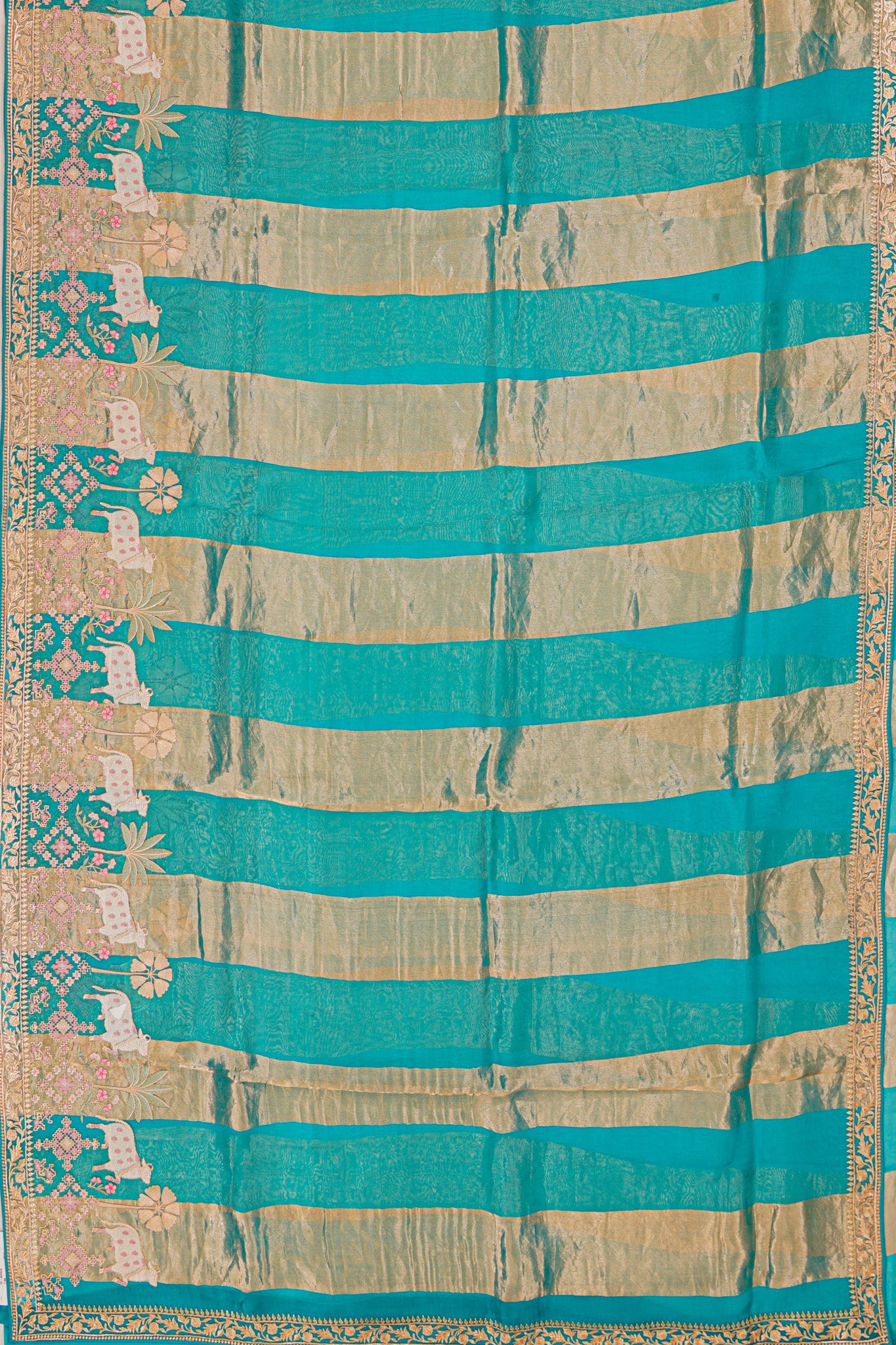 Organza Vertical Lines Sky Blue Saree With Pichwai Embroidery Border