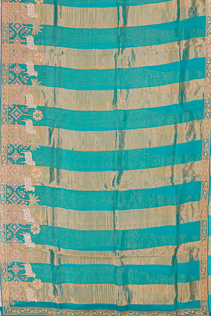 Organza Vertical Lines Sky Blue Saree With Pichwai Embroidery Border