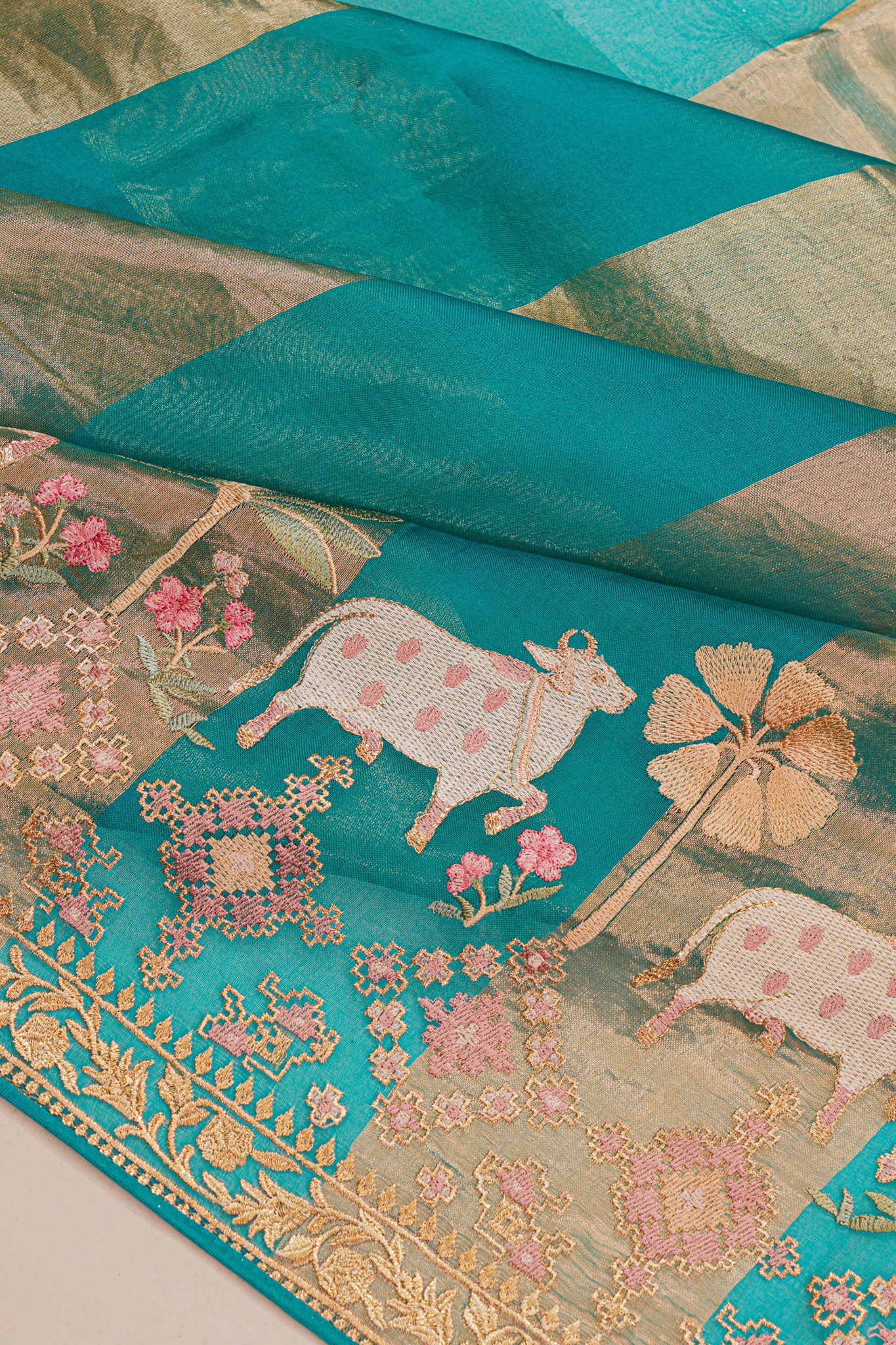 Organza Vertical Lines Sky Blue Saree With Pichwai Embroidery Border