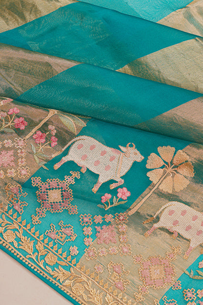 Organza Vertical Lines Sky Blue Saree With Pichwai Embroidery Border