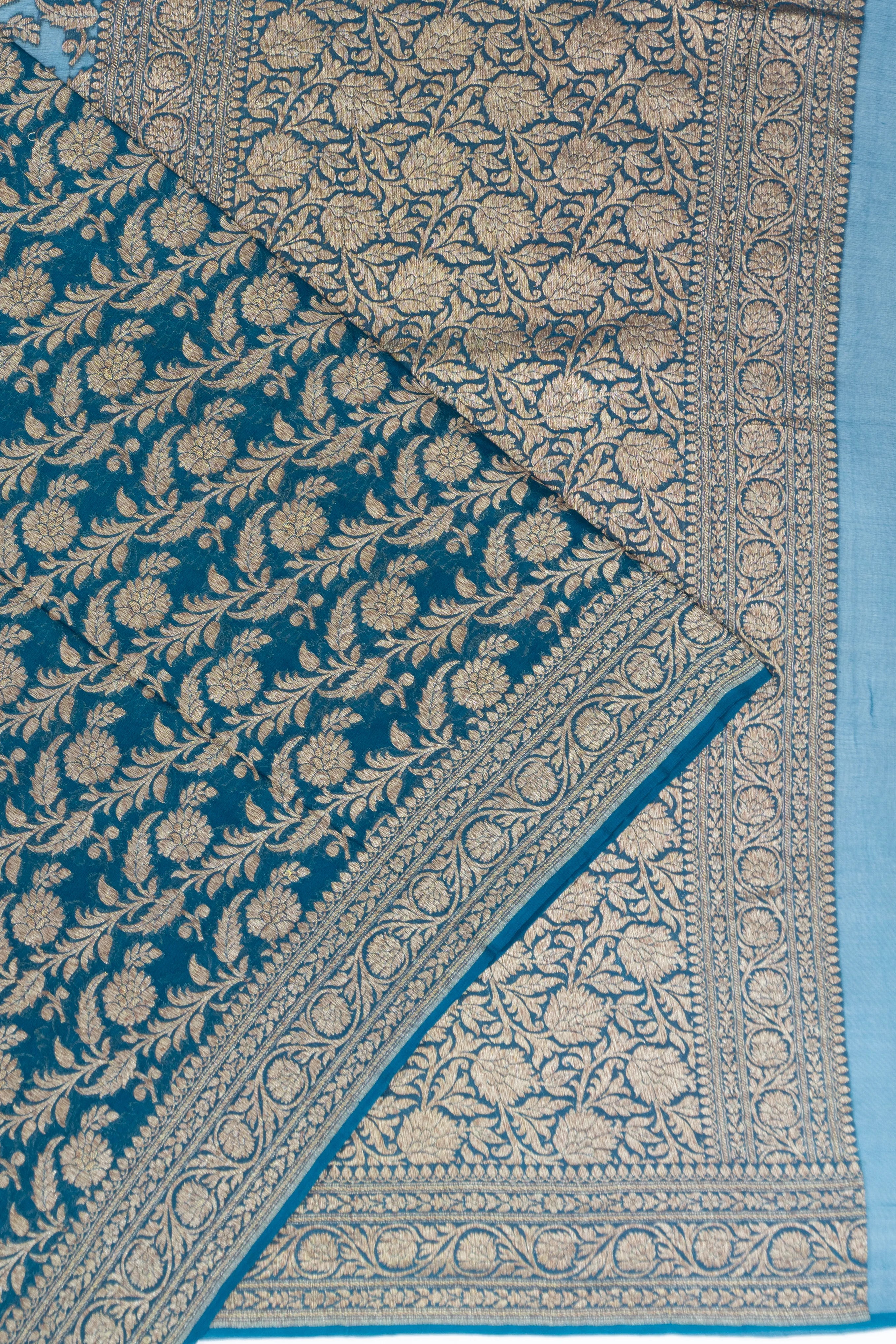 Banarasi Georgette Brocade Teal Blue Saree