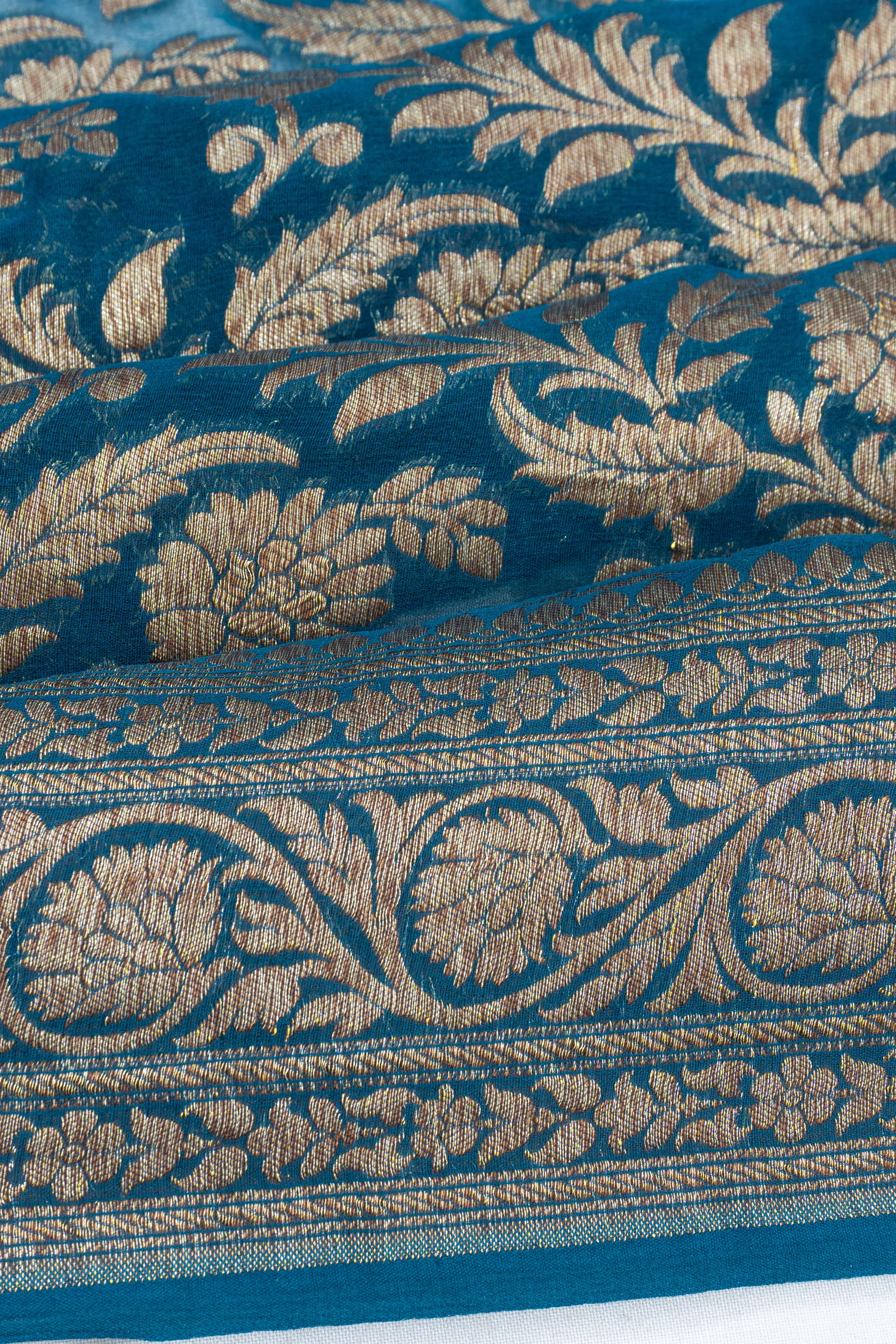 Banarasi Georgette Brocade Teal Blue Saree