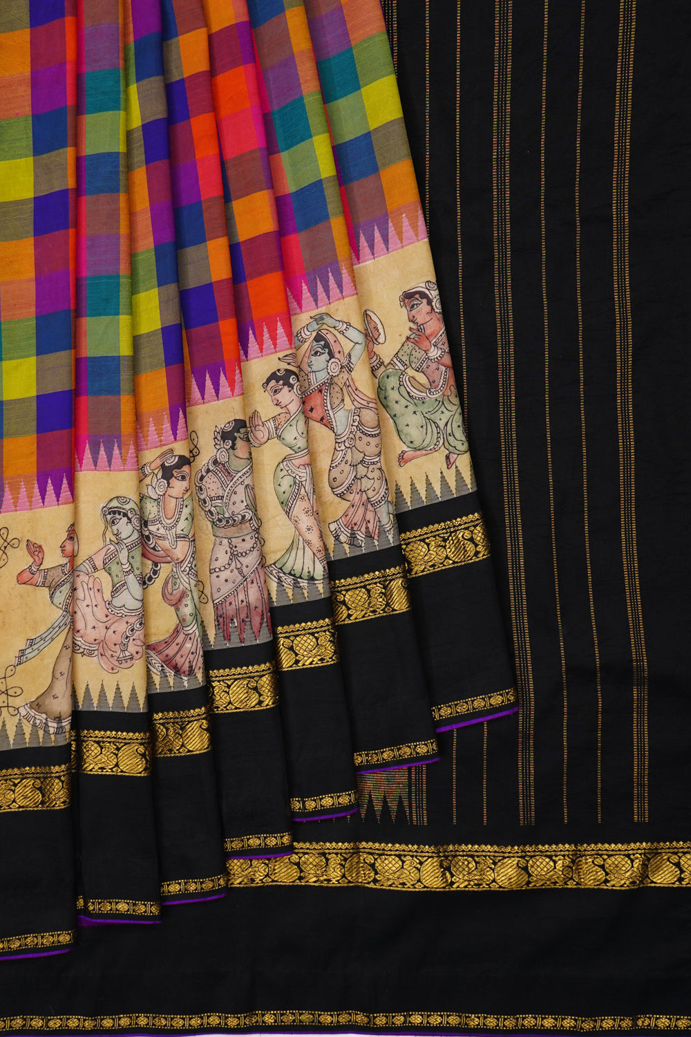 Kalamkari Kanchipuram Silk Madras Checks Multicolour Saree