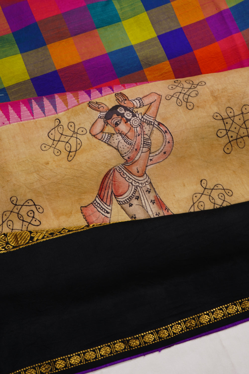 Kalamkari Kanchipuram Silk Madras Checks Multicolour Saree