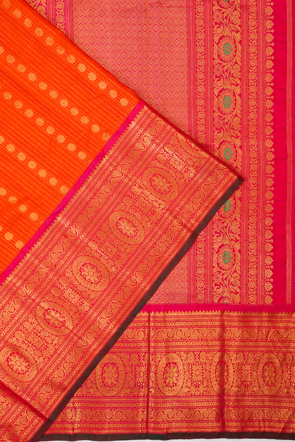 Kanchipuram Silk Checks And Butta Orange Saree