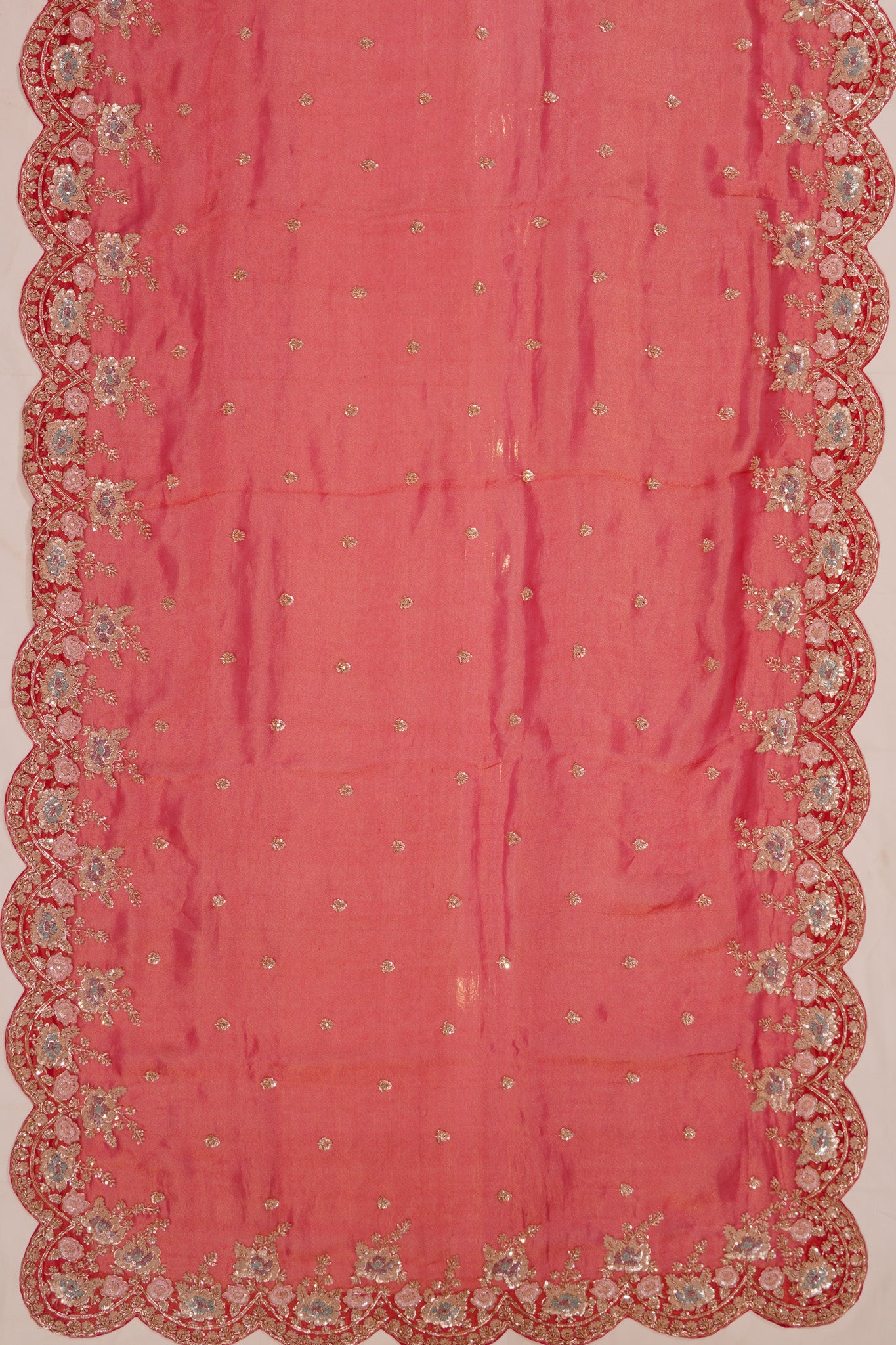 Organza Tissue Embroidey Butta Red Saree With Sequin Work Scallop Border