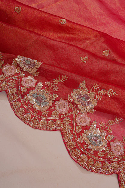 Organza Tissue Embroidey Butta Red Saree With Sequin Work Scallop Border