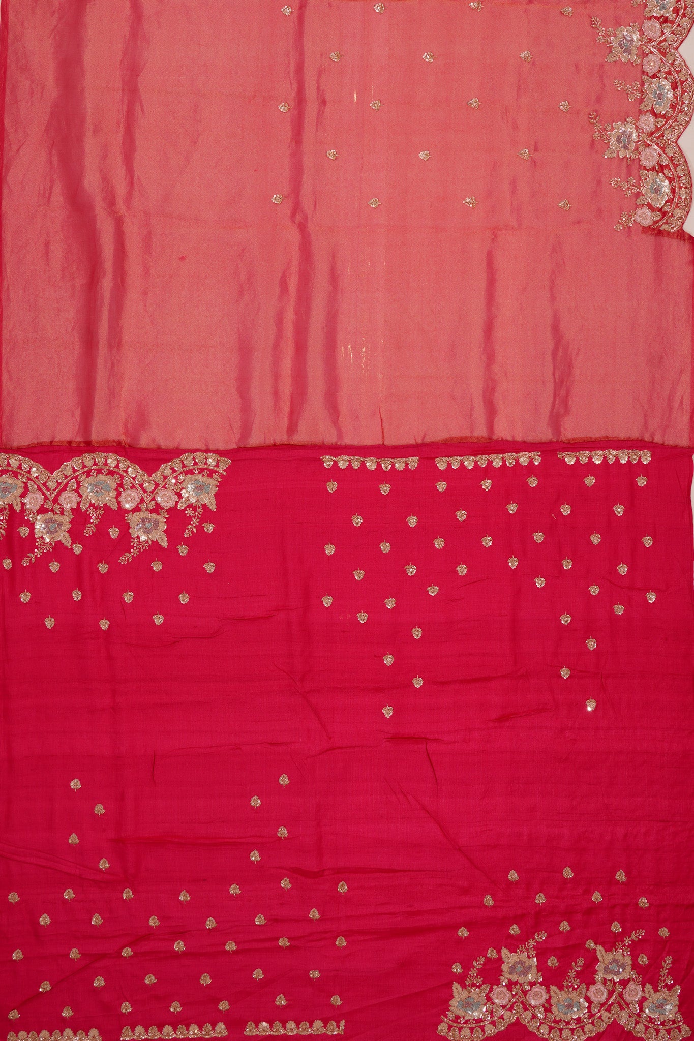Organza Tissue Embroidey Butta Red Saree With Sequin Work Scallop Border