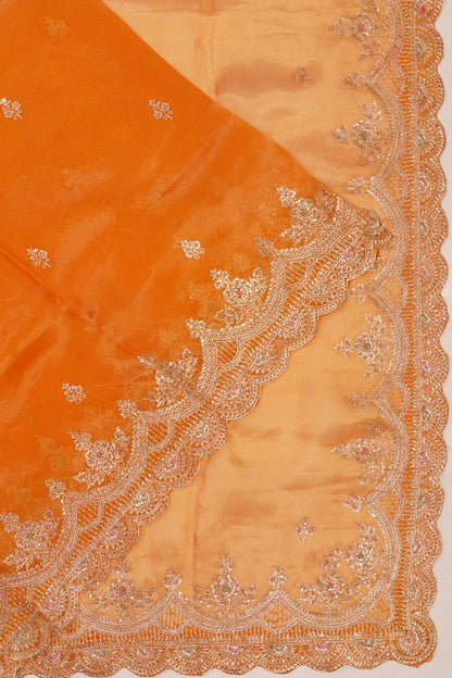 Organza Tissue Embroidey Butta Mustrad Yellow Saree With Sequin Work Scallop Border