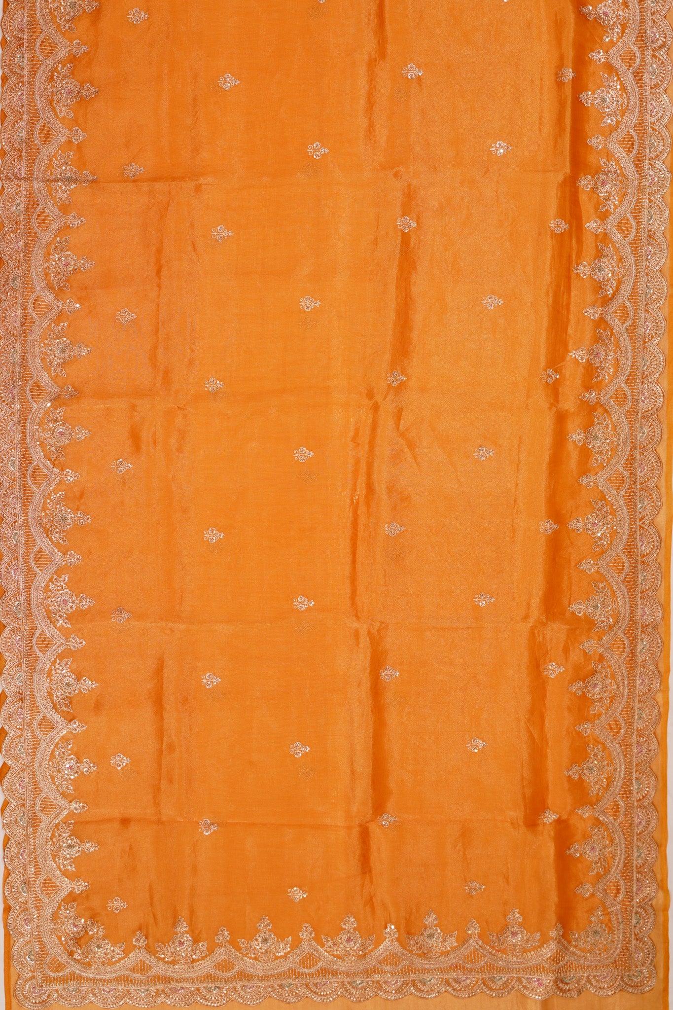 Organza Tissue Embroidey Butta Mustrad Yellow Saree With Sequin Work Scallop Border