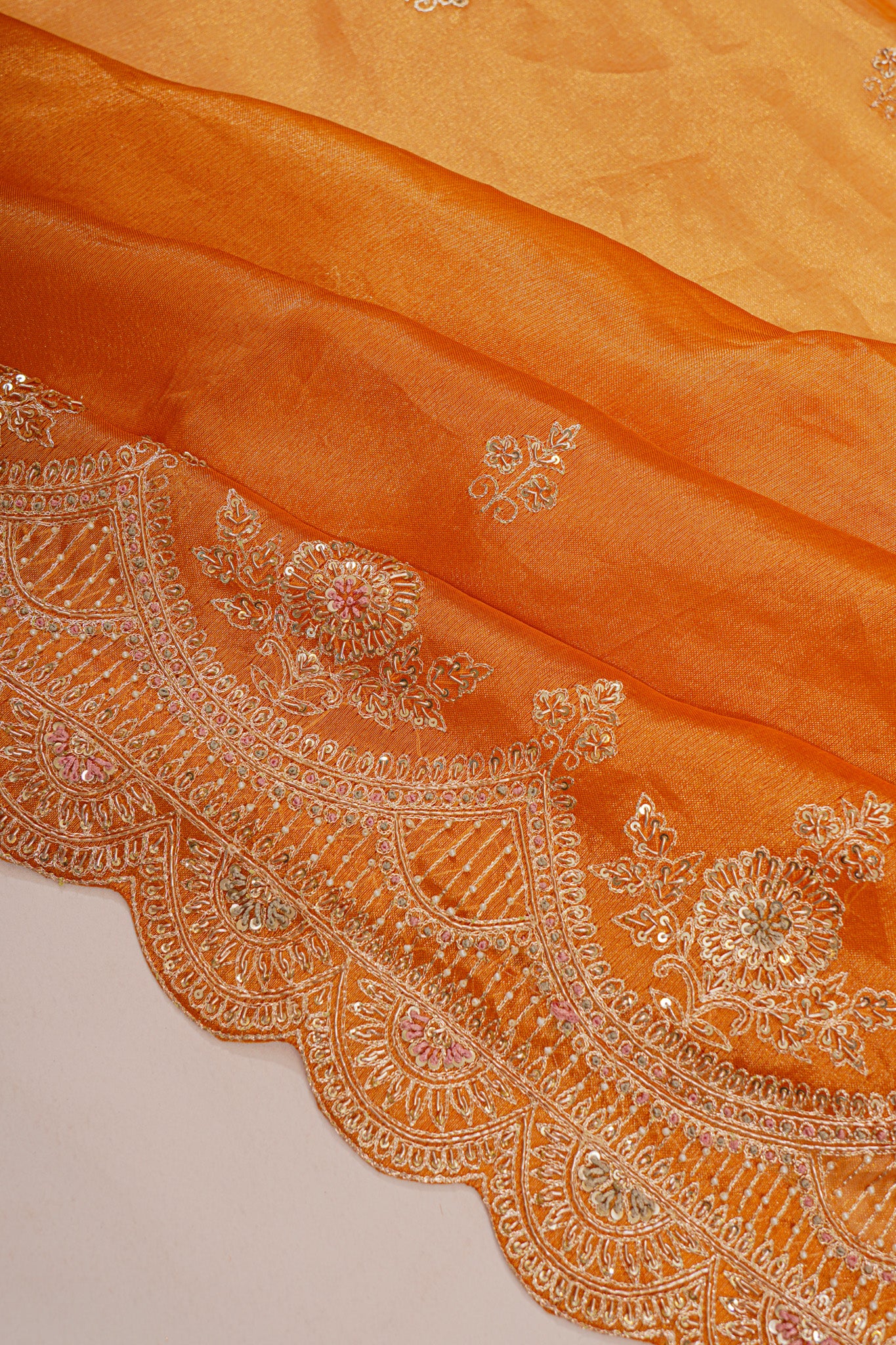 Organza Tissue Embroidey Butta Mustrad Yellow Saree With Sequin Work Scallop Border