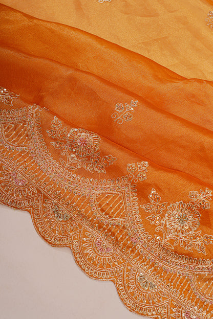 Organza Tissue Embroidey Butta Mustrad Yellow Saree With Sequin Work Scallop Border