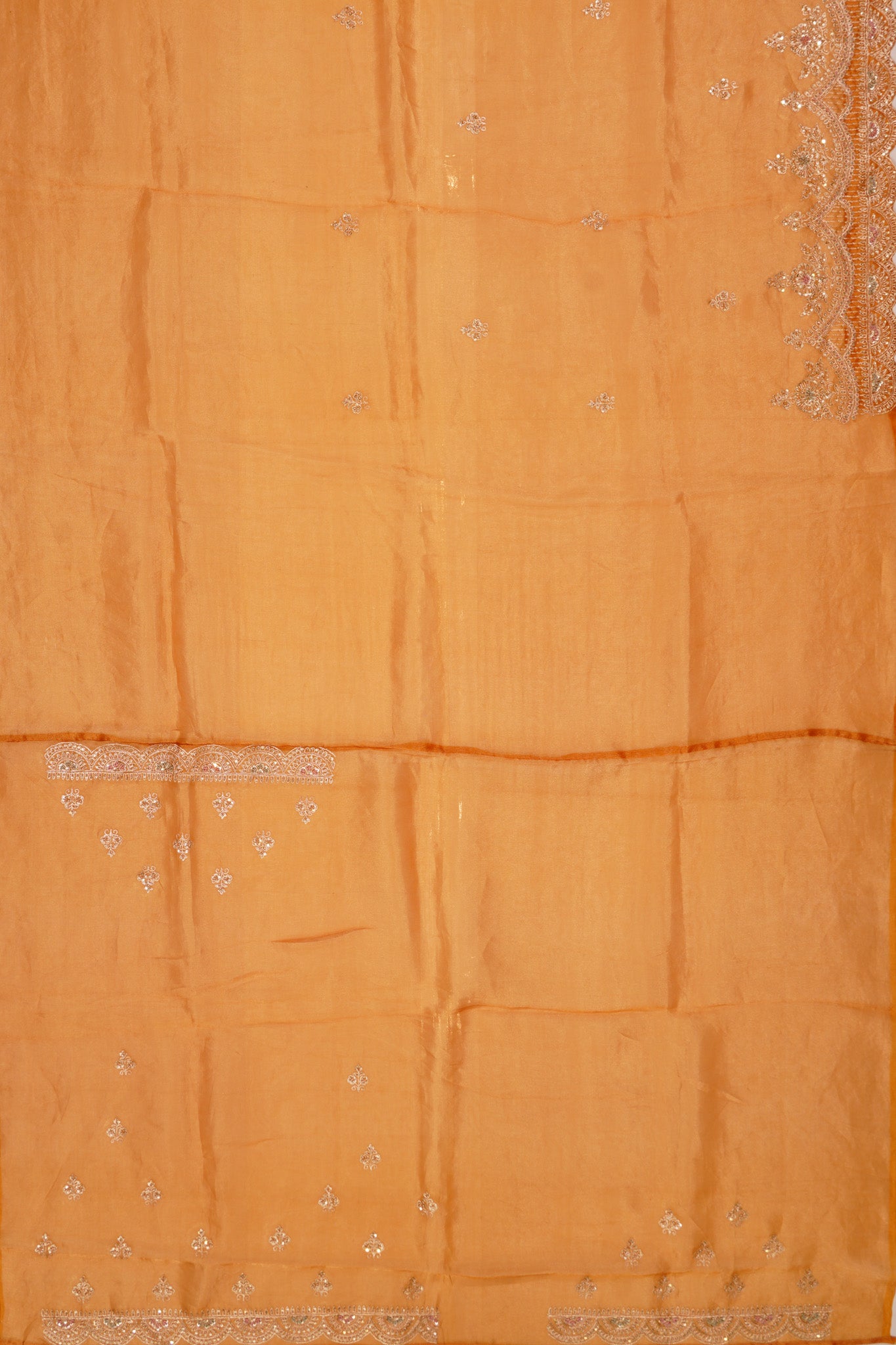 Organza Tissue Embroidey Butta Mustrad Yellow Saree With Sequin Work Scallop Border