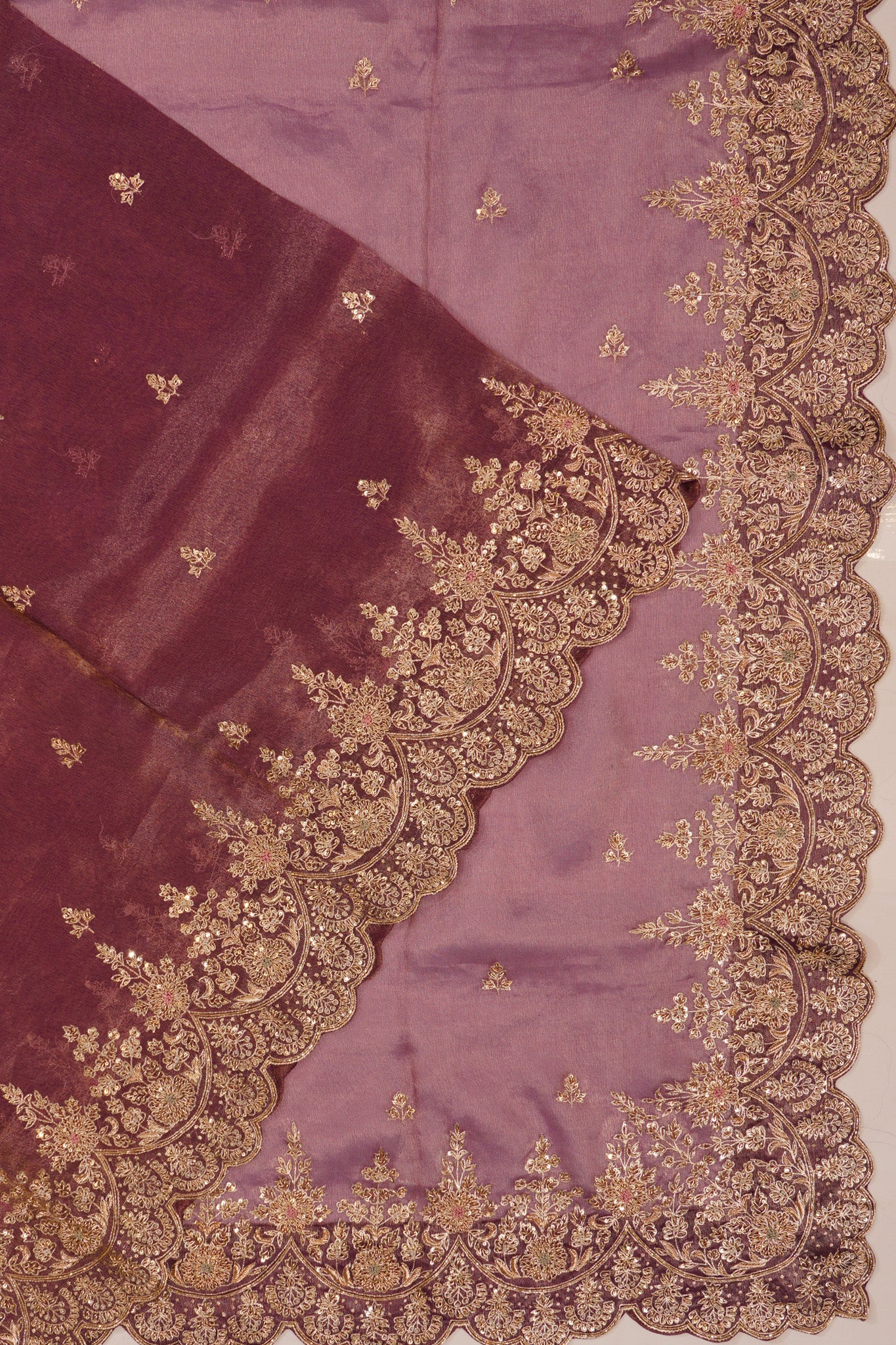 Organza Tissue Embroidey Butta Violet Saree With Sequin Work Scallop Border