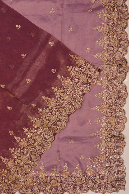 Organza Tissue Embroidey Butta Violet Saree With Sequin Work Scallop Border