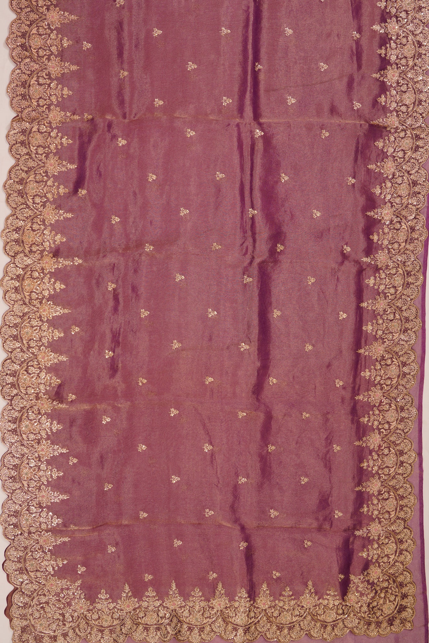 Organza Tissue Embroidey Butta Violet Saree With Sequin Work Scallop Border