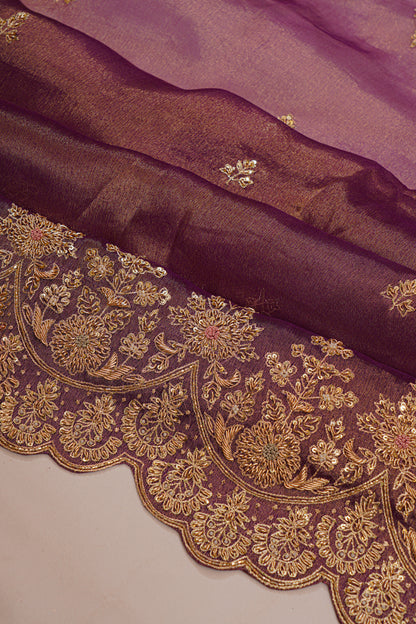 Organza Tissue Embroidey Butta Violet Saree With Sequin Work Scallop Border