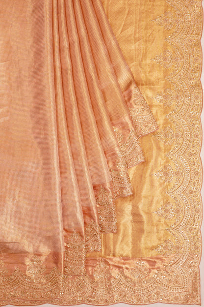 Kanchipuram Silk Tissue Checks Peach Saree With Zardosi Work Border