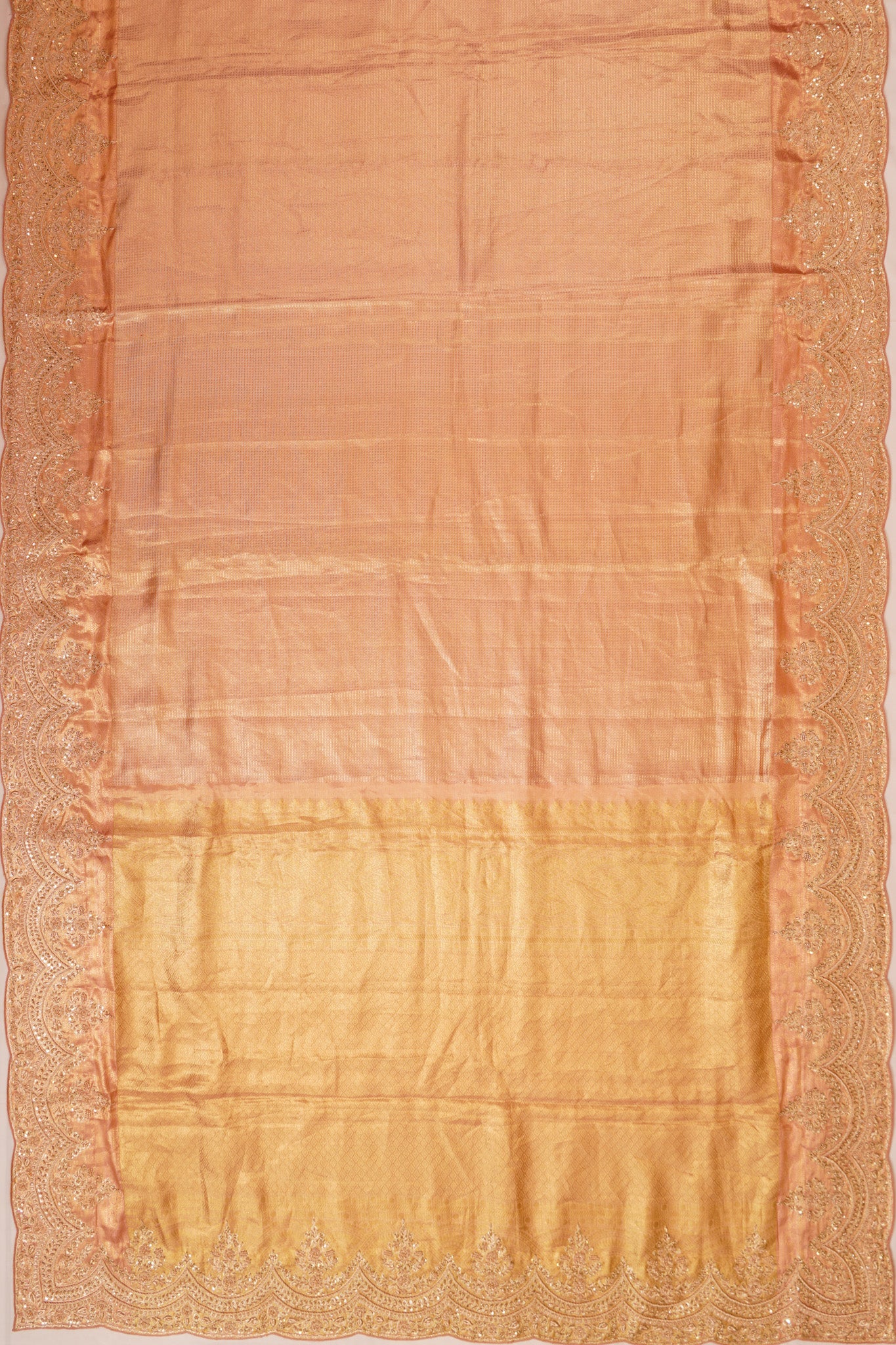 Kanchipuram Silk Tissue Checks Peach Saree With Zardosi Work Border