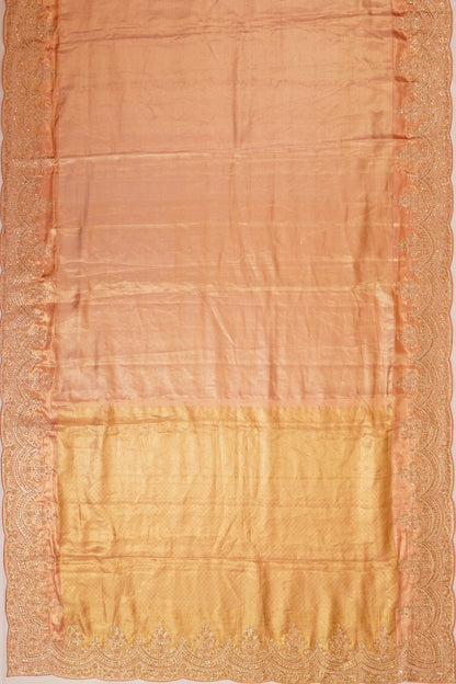 Kanchipuram Silk Tissue Checks Peach Saree With Zardosi Work Border