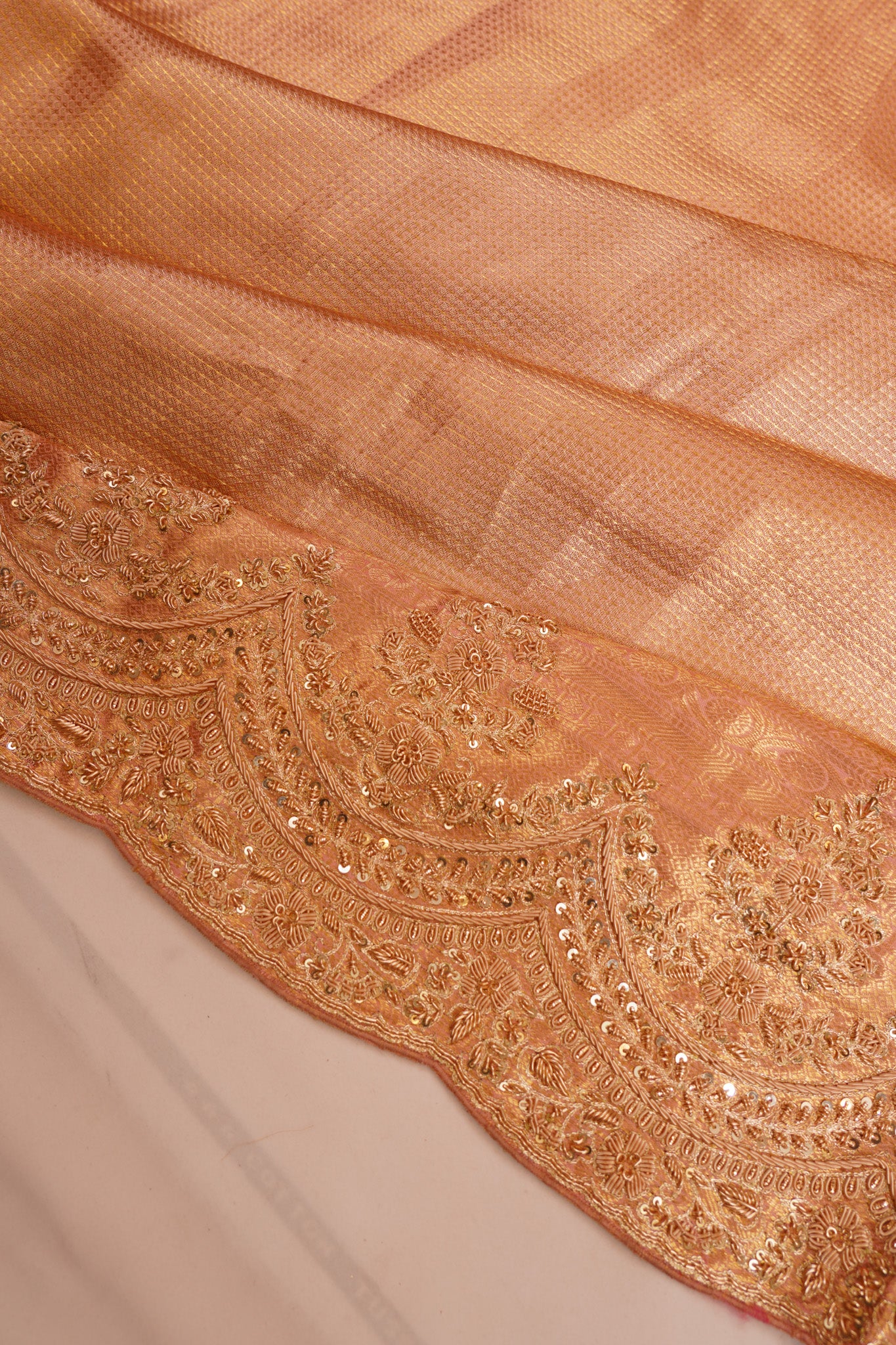 Kanchipuram Silk Tissue Checks Peach Saree With Zardosi Work Border