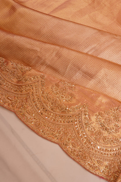 Kanchipuram Silk Tissue Checks Peach Saree With Zardosi Work Border