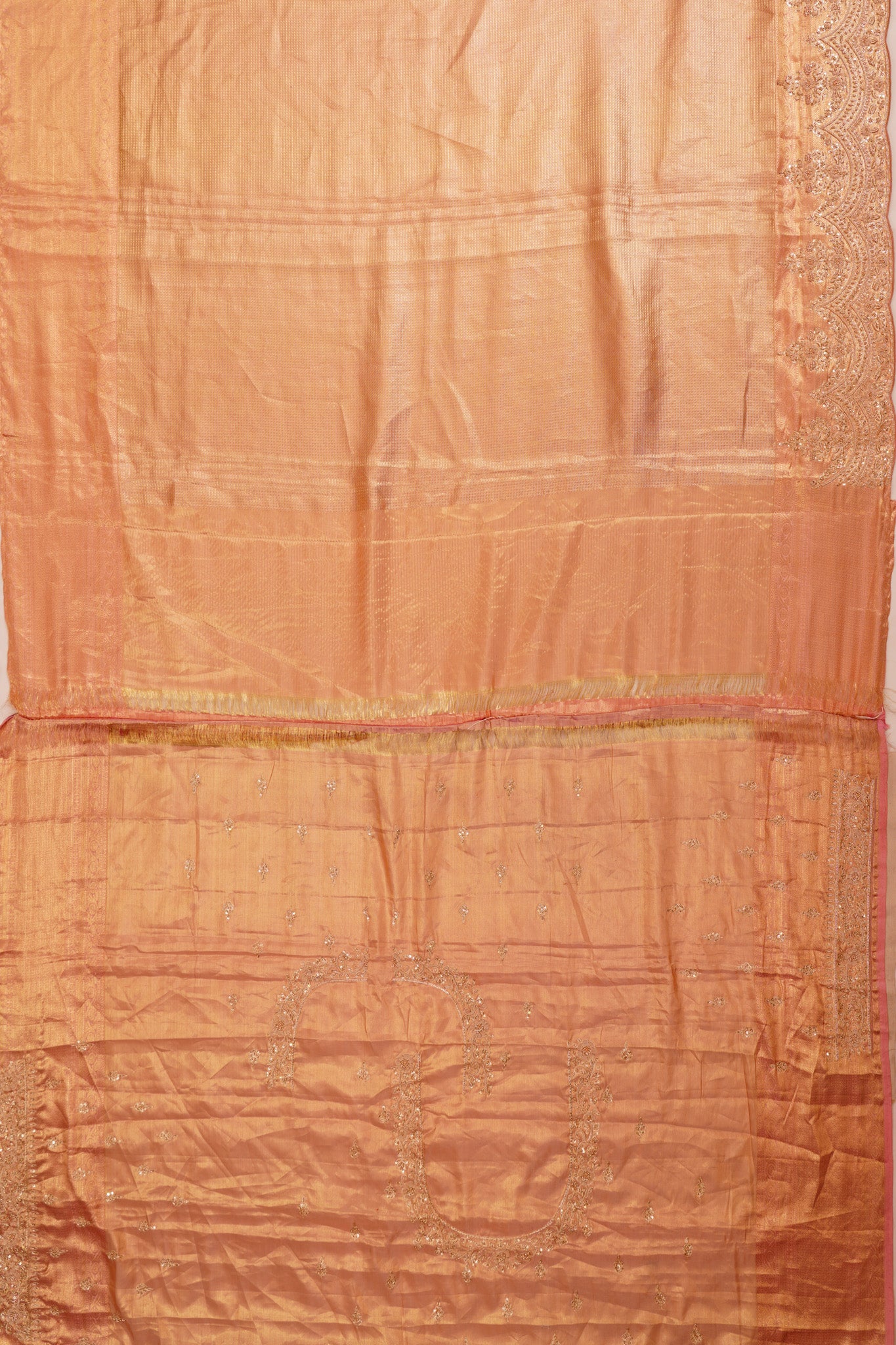 Kanchipuram Silk Tissue Checks Peach Saree With Zardosi Work Border