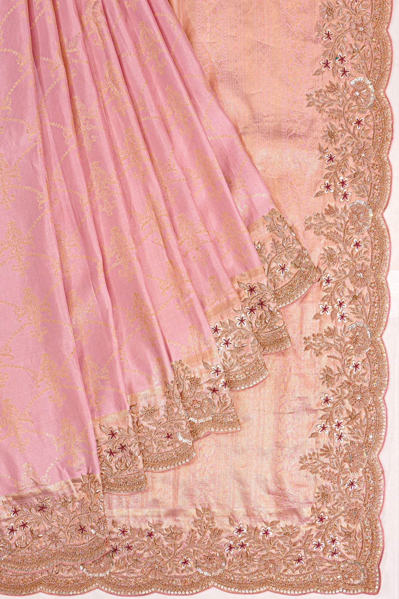 Zardosi Work Kanchipuram Silk Tissue Jaal Baby Pink Saree With Scallop Border