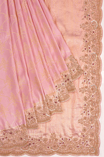 Zardosi Work Kanchipuram Silk Tissue Jaal Baby Pink Saree With Scallop Border