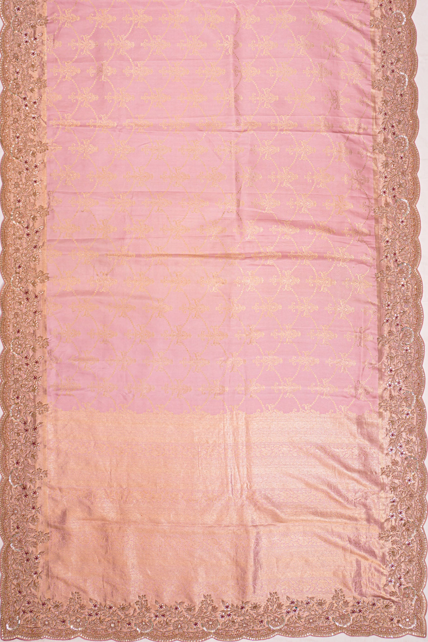 Zardosi Work Kanchipuram Silk Tissue Jaal Baby Pink Saree With Scallop Border