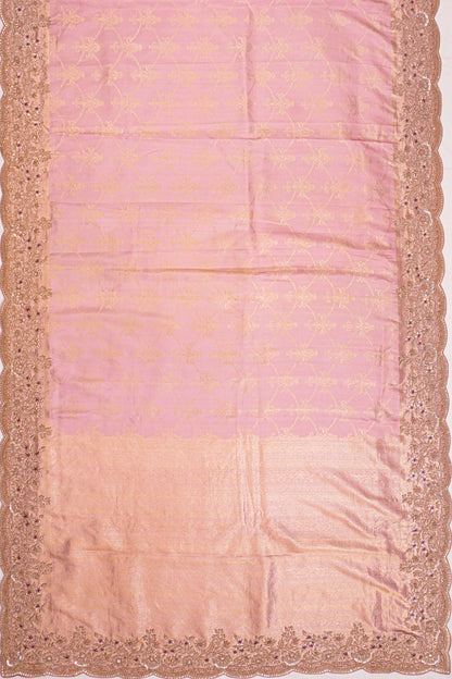 Zardosi Work Kanchipuram Silk Tissue Jaal Baby Pink Saree With Scallop Border
