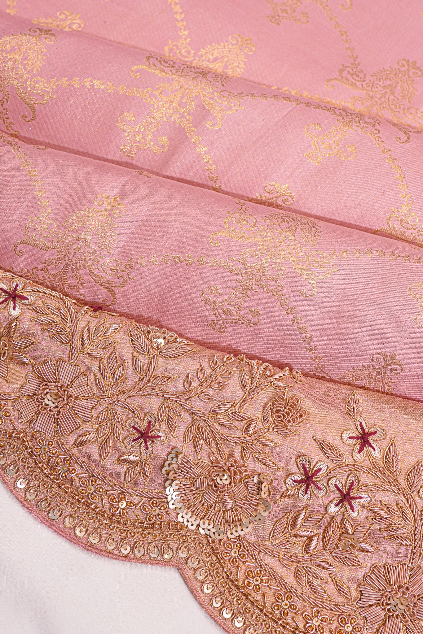 Zardosi Work Kanchipuram Silk Tissue Jaal Baby Pink Saree With Scallop Border