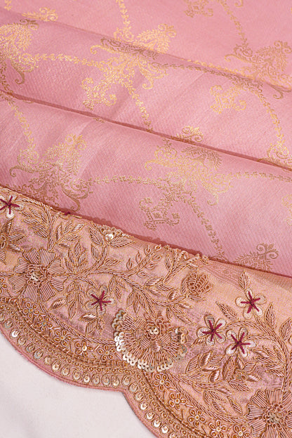Zardosi Work Kanchipuram Silk Tissue Jaal Baby Pink Saree With Scallop Border