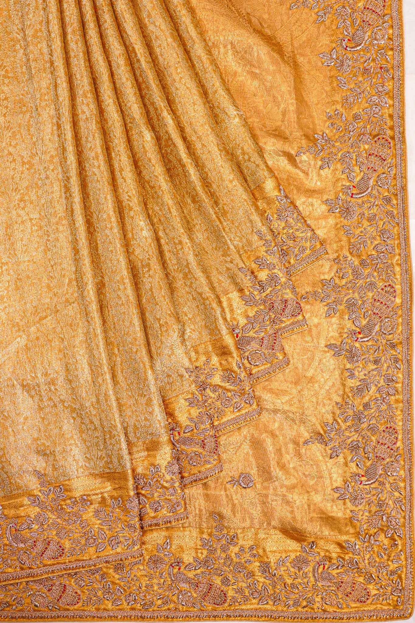 Zardosi Work Kanchipuram Silk Tissue Brocade Gold Saree