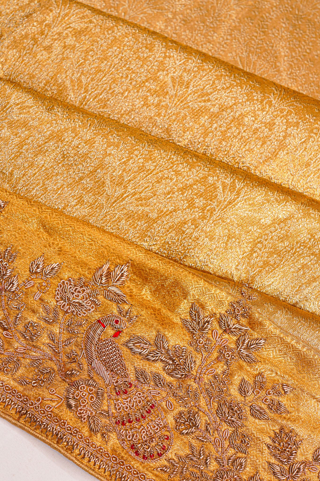 Zardosi Work Kanchipuram Silk Tissue Brocade Gold Saree