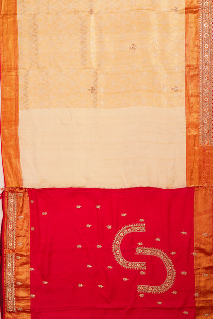 Zardosi Work Kanchipuram Silk Brocade Cream Saree
