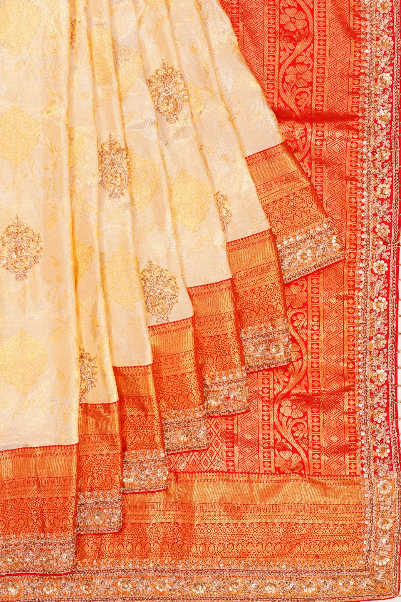 Zardosi Work Kanchipuram Silk Brocade Cream Saree