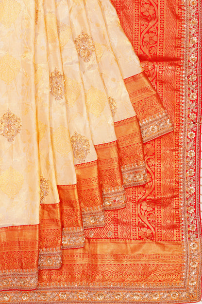 Zardosi Work Kanchipuram Silk Brocade Cream Saree