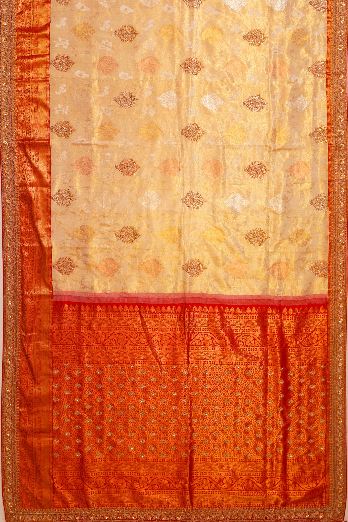 Zardosi Work Kanchipuram Silk Brocade Cream Saree
