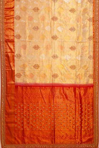 Zardosi Work Kanchipuram Silk Brocade Cream Saree