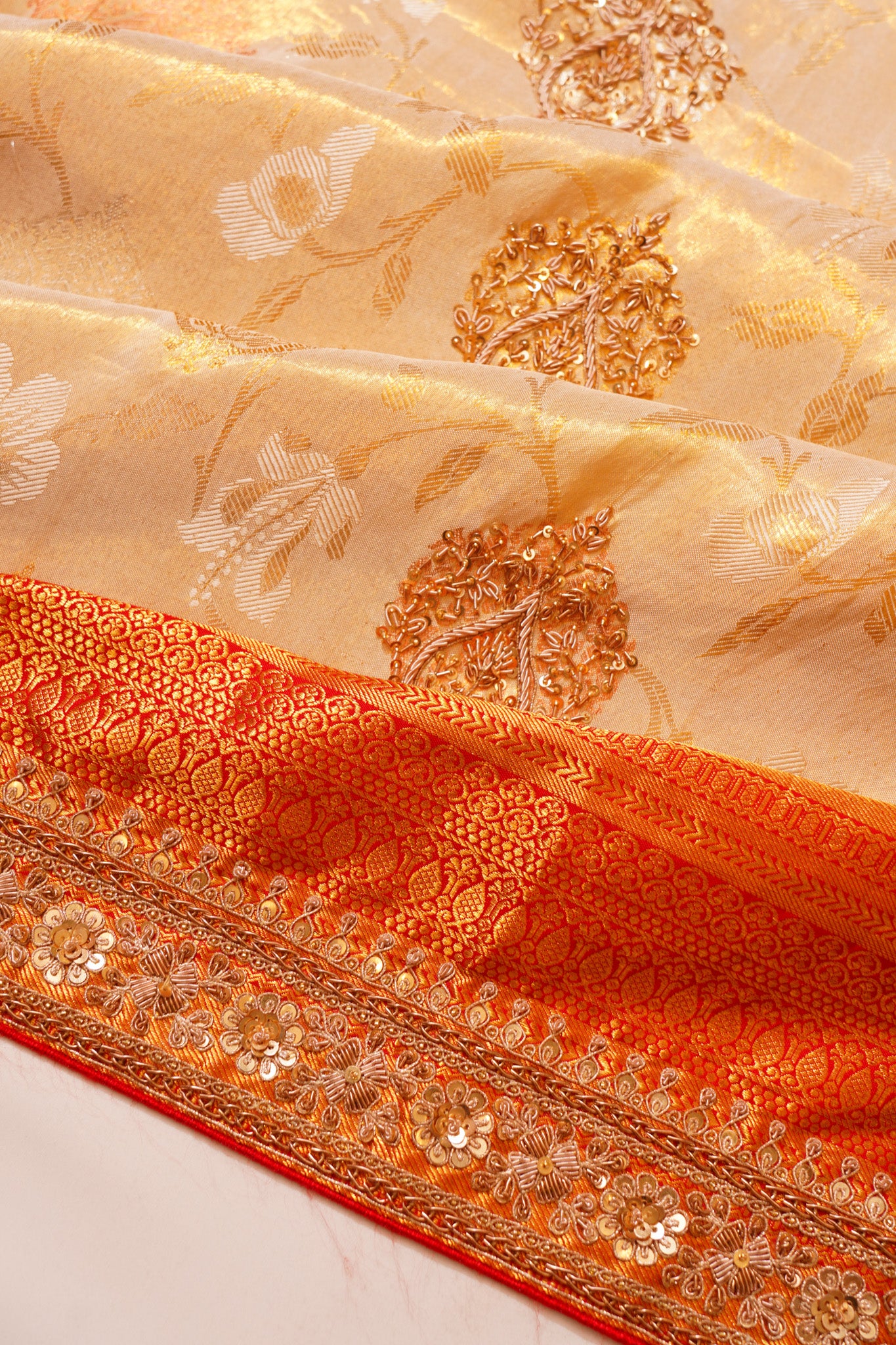 Zardosi Work Kanchipuram Silk Brocade Cream Saree