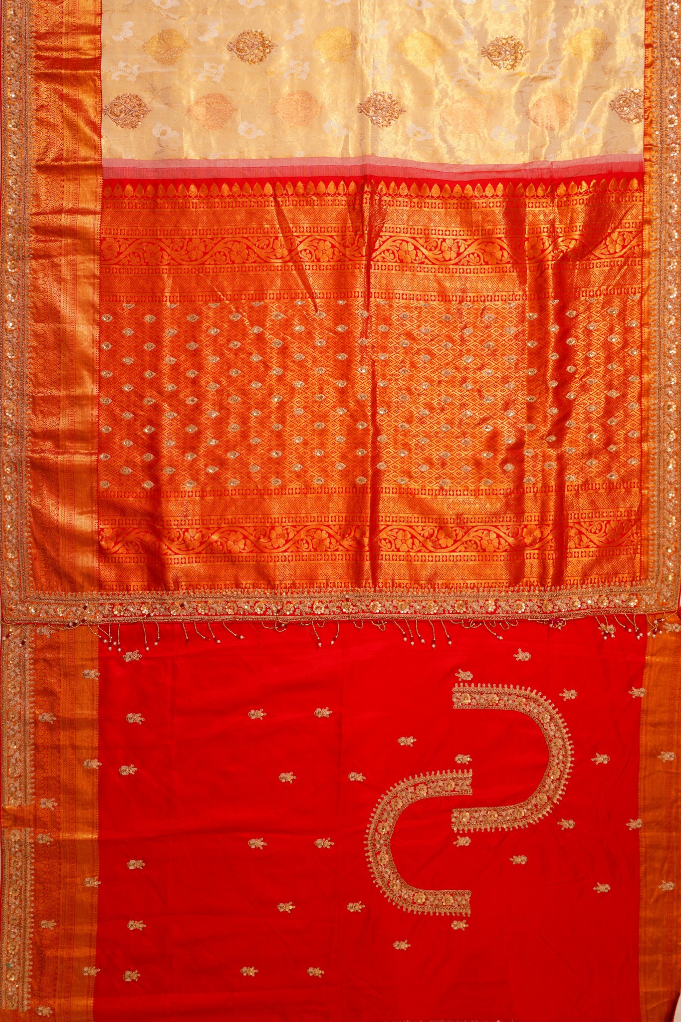 Zardosi Work Kanchipuram Silk Brocade Cream Saree