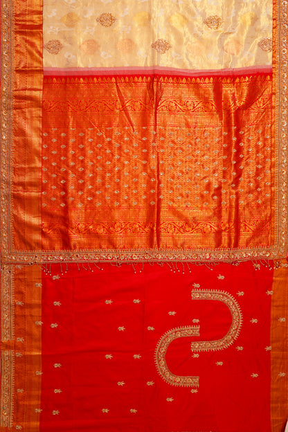 Zardosi Work Kanchipuram Silk Brocade Cream Saree