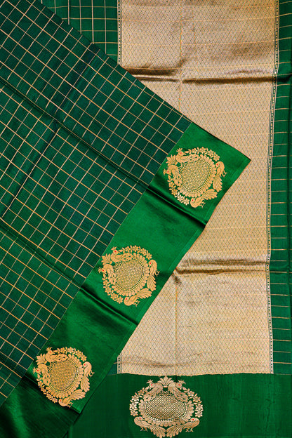 Banarasi Katan Silk Checks Dark Green Saree