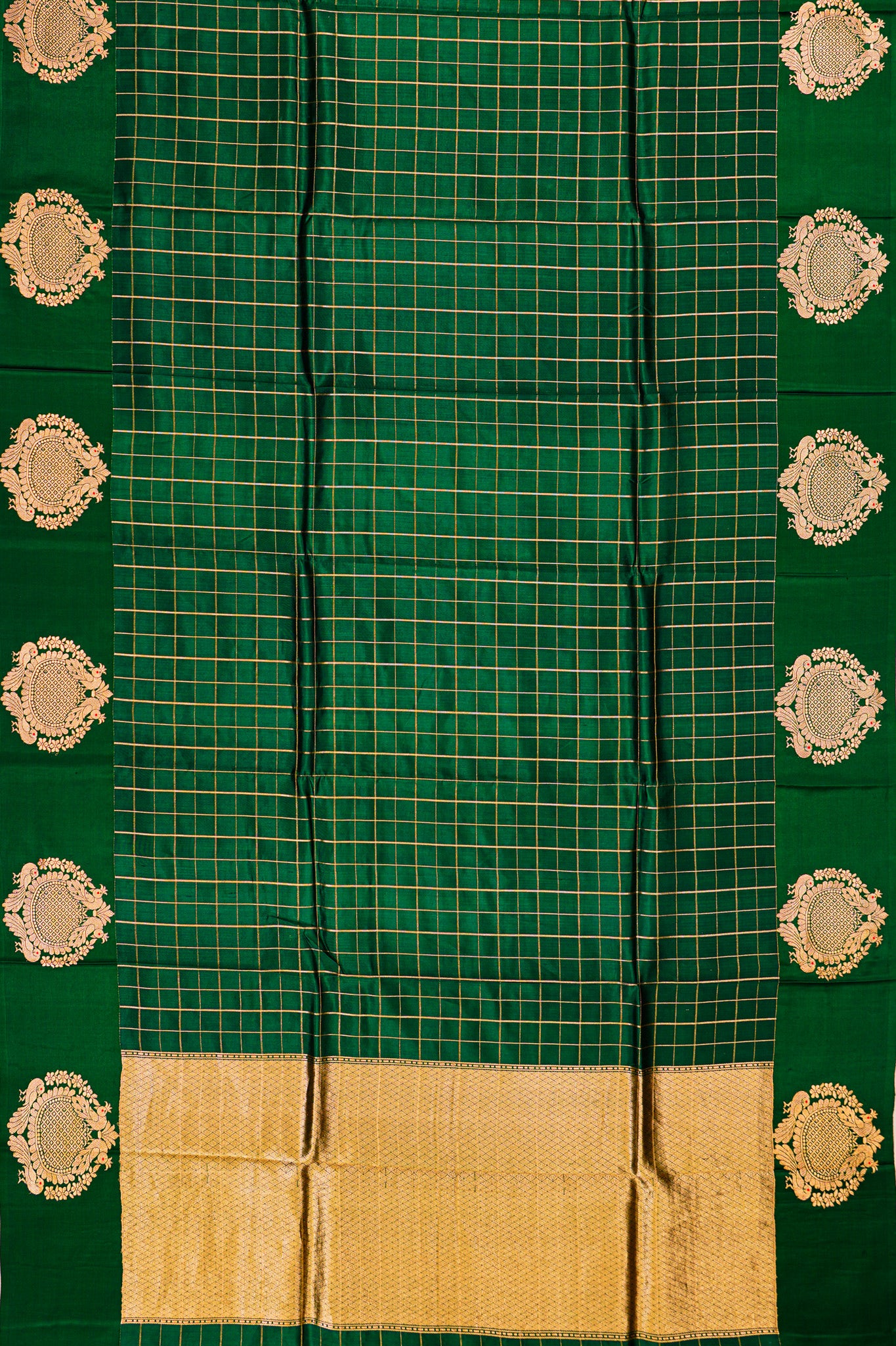 Banarasi Katan Silk Checks Dark Green Saree