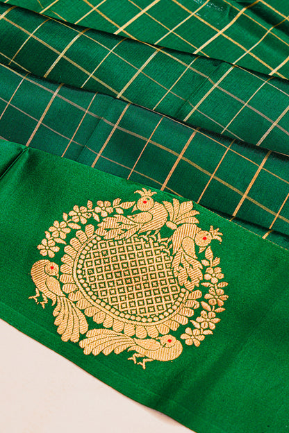 Banarasi Katan Silk Checks Dark Green Saree