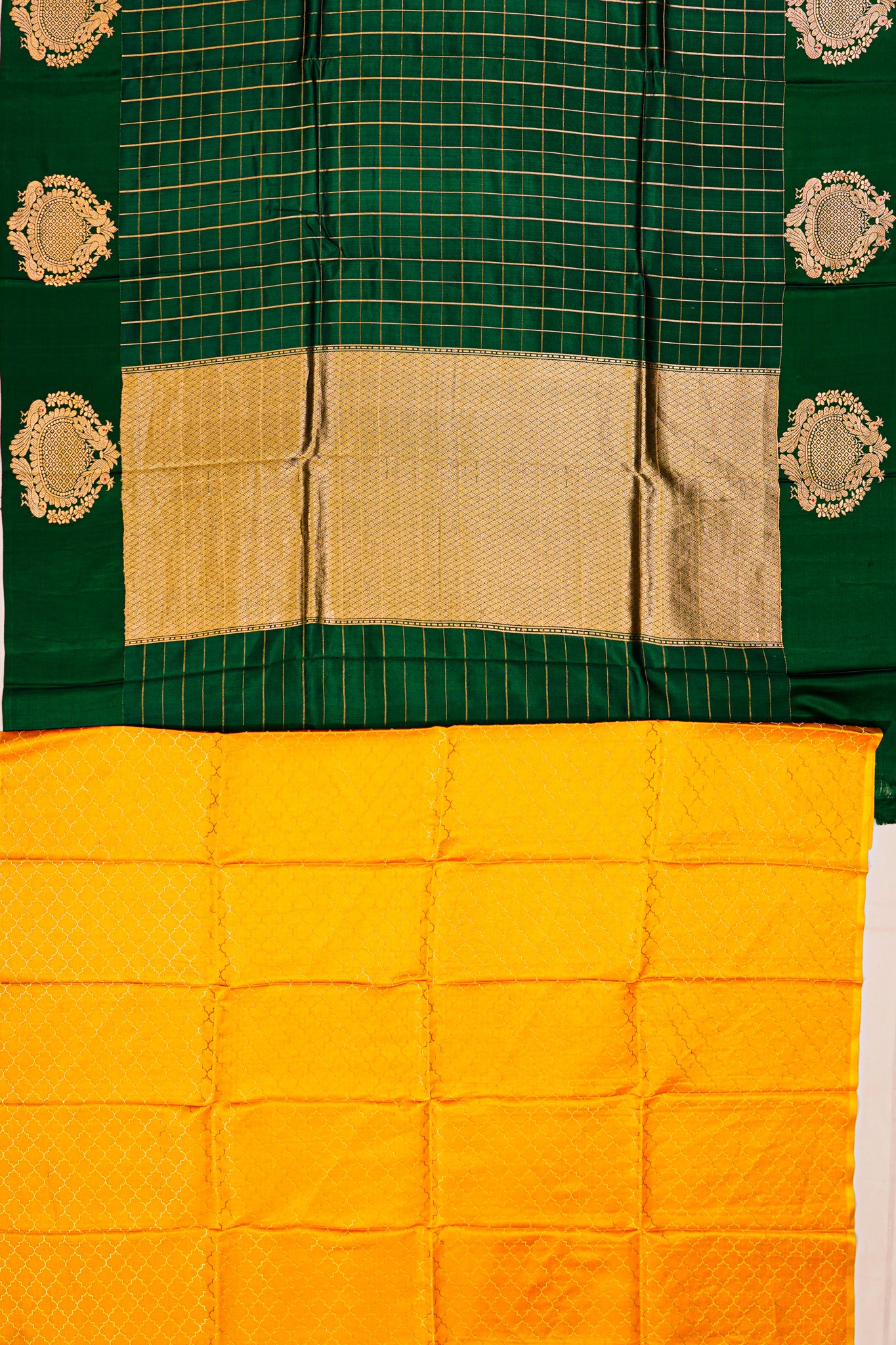 Banarasi Katan Silk Checks Dark Green Saree