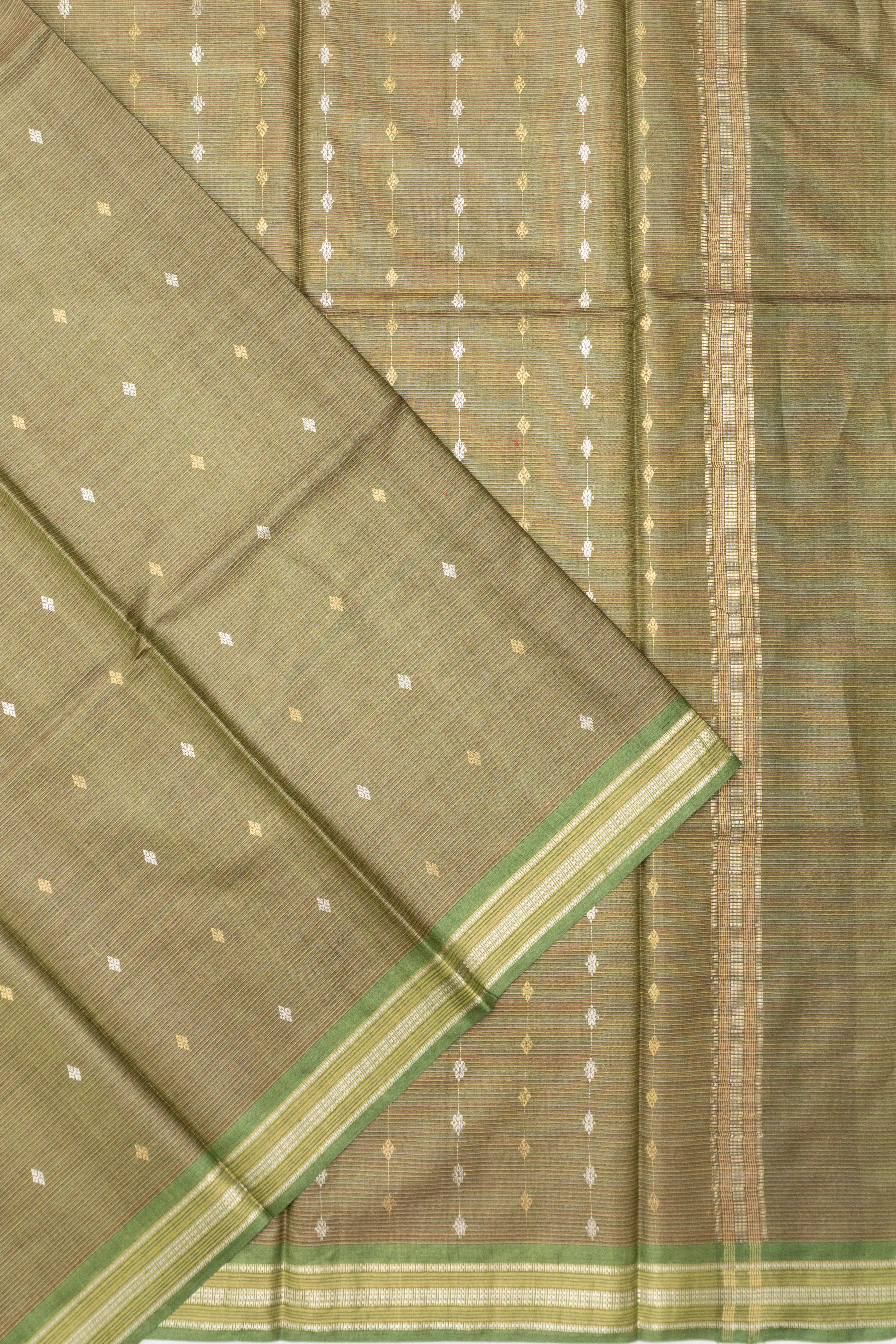 Soft Tussar Horizontal Lines And Butta Green Saree