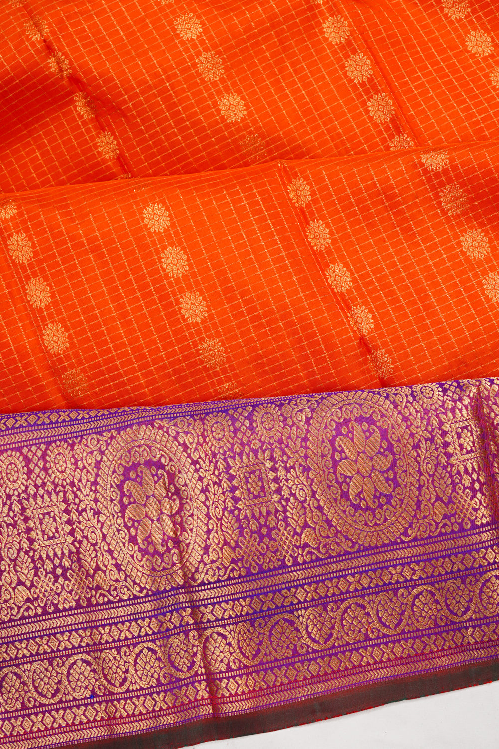 Kanchipuram Silk Checks And Butta Orange Saree